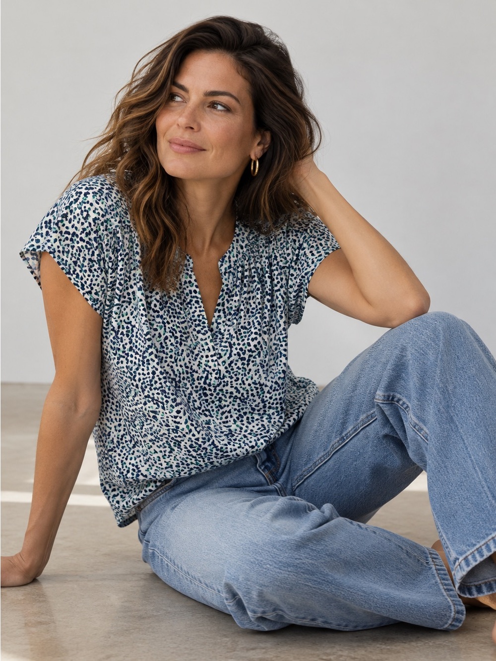 Banana Republic Blue and White Printed Cap-Sleeve Blouse